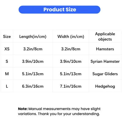 Hanging Hamster Bed Size Guide for Small Pets Size chart for hanging hamster bed suitable for hamsters, Syrian hamsters, sugar gliders and hedgehogs