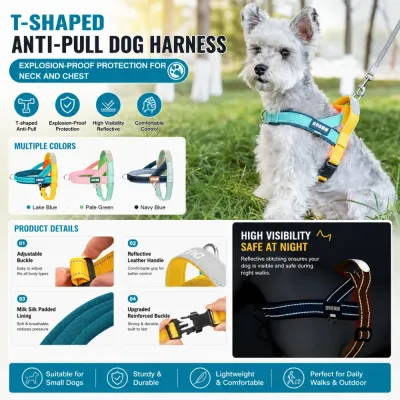 T-shaped anti pull dog harness featuring reflective stitching, adjustable buckle, padded lining and reinforced construction for daily walks