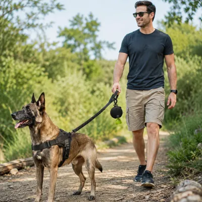 Dog Waste Bag Holder for Daily Walks and Outdoor Adventures | Petfairs Dog owner walking outdoors with dog waste bag holder attached to leash