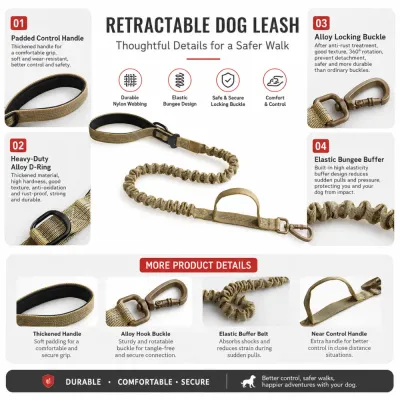 Heavy Duty Bungee Dog Leash Features and Details Reflective nylon dog leash with alloy hook, padded handle and elastic shock absorbing buffer