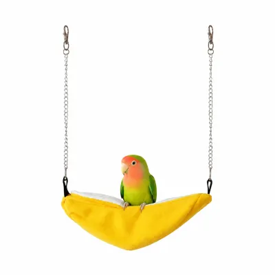 Banana Bird Hammock Bed for Parrots Yellow banana-shaped hanging hammock bed with lovebird perched inside