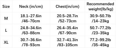 Large Dog Harness Size Chart | Neck Chest Measurement Guide Large dog harness size chart showing neck circumference, chest girth and recommended weight for M, L and XL dogs