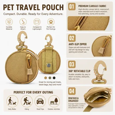 Canvas Dog Waste Bag Holder Features and Details | Petfairs Canvas dog waste bag holder with rotatable clip zipper pouch and storage compartment