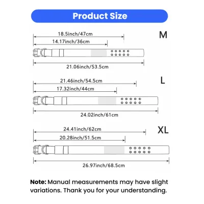 Size chart for adjustable tactical dog collar in M L and XL sizes