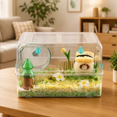 Hamster resting inside sushi-shaped plush nest placed in a small animal enclosure