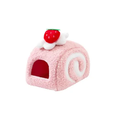 Pink plush hamster house with strawberry decoration for winter warmth and comfort