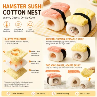Hamster sushi cotton nest featuring warm insulation, soft plush fabric and removable top cover