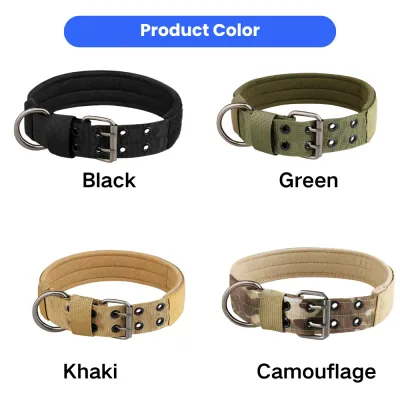 Adjustable tactical dog collars available in black green khaki and camouflage colors