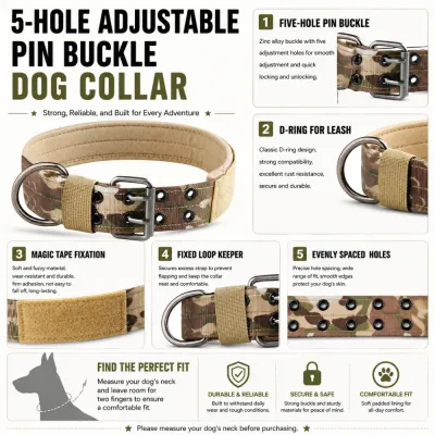 Tactical dog collar with metal buckle D-ring hook and padded interior
