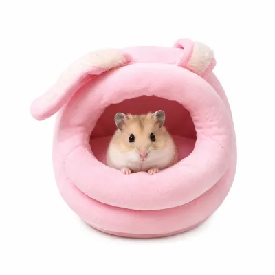 Cute Hamster Resting in Plush Rabbit Bed Hamster sitting inside a pink rabbit-ear plush pet bed