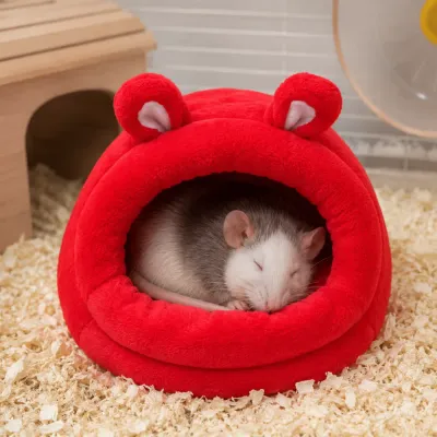 Warm Rat Sleeping Bed Plush Hideout Pet rat sleeping comfortably inside a red plush small animal bed