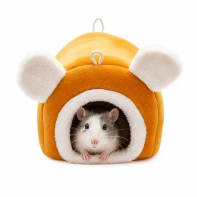 Round Plush Hamster Cave Bed with Ears Pink round hamster cave bed with decorative ears and hamster resting inside