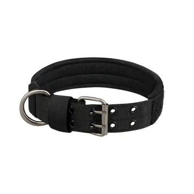 Black tactical dog collar with padded lining and metal D-ring for medium and large dogs