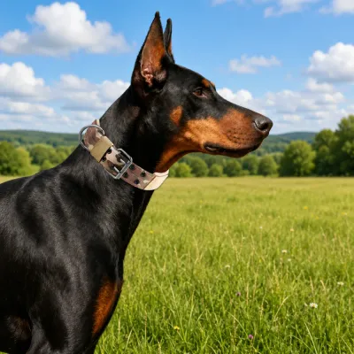 Large dog wearing camouflage tactical dog collar in outdoor training environment