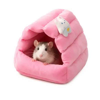 Soft pink rabbit-themed hamster sleeping nest with small pet inside