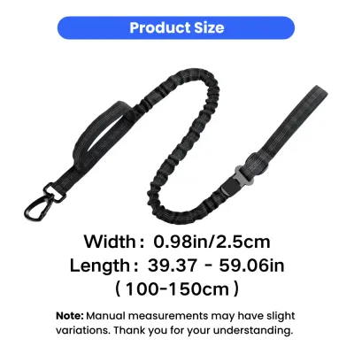 Adjustable Bungee Dog Leash Size Guide Adjustable elastic dog leash measuring 39.37 to 59.06 inches with 0.98 inch webbing width