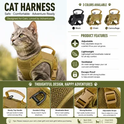 Breathable Escape Proof Cat Harness with Handle Lightweight breathable cat harness with adjustable straps secure buckles and top handle