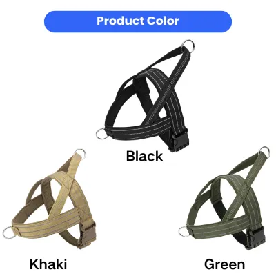 Tactical dog harness available in black, khaki and green colors with reflective webbing and adjustable fit