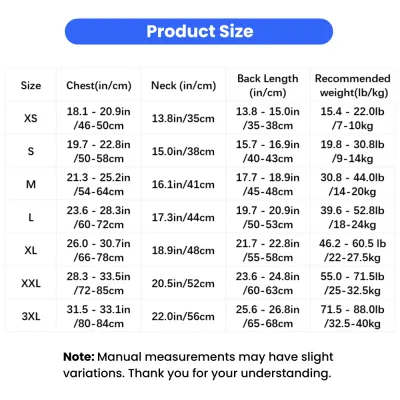 Dog Loungewear Size Chart for Medium and Large Dogs Size chart for striped dog loungewear showing chest, neck, back length and recommended weight measurements for medium and large breed dogs