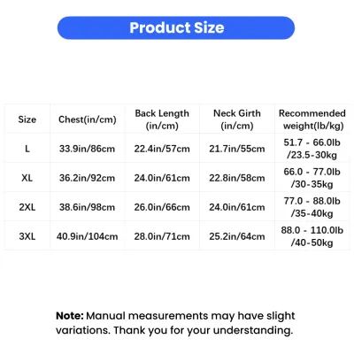Reversible Fleece Dog Hoodie Size Chart for Large Dogs Size chart for reversible fleece dog hoodie showing chest, neck, back length and weight recommendations for large breed dogs in sizes L to 3XL