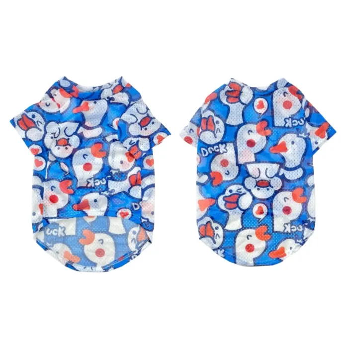 Front and back view of breathable mesh dog shirt with blue duck print for medium and large dogs