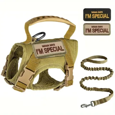 Khaki tactical cat harness and leash set with adjustable straps, breathable mesh and removable patch