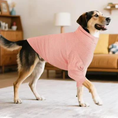 Medium Large Dog Wearing Pink Striped Loungewear Indoors Medium large dog wearing pink striped loungewear in a cozy indoor home environment
