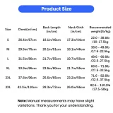 Size chart for breathable dog shirt showing chest, neck and back length measurements