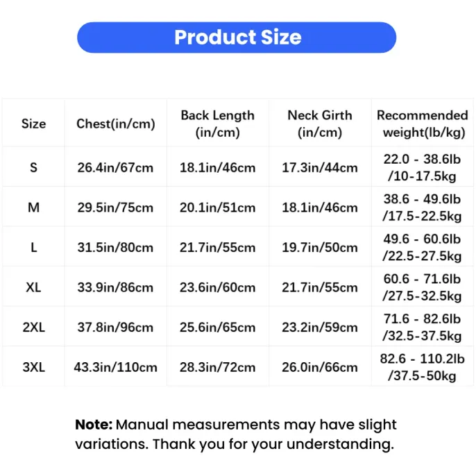 Size chart for breathable dog shirt showing chest, neck and back length measurements
