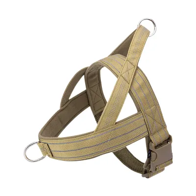 Khaki tactical dog harness with padded chest straps, reflective stitching and adjustable buckle design