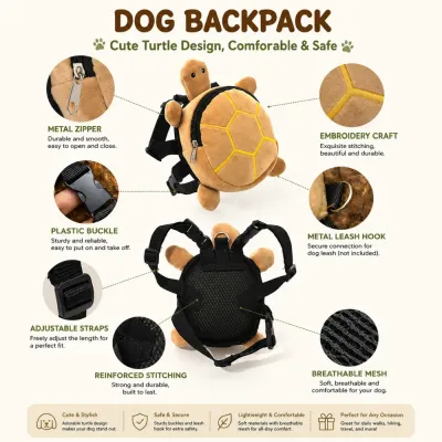 Dog backpack harness with metal zipper, adjustable buckles, breathable mesh backing, and leash attachment ring