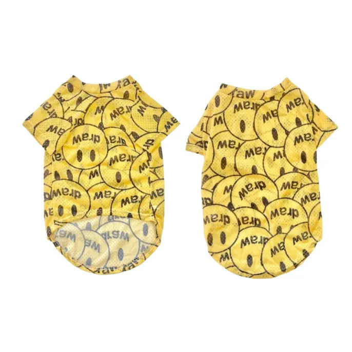 Front and back view of yellow smiley print breathable dog shirt for medium and large dogs