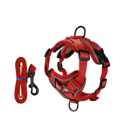 Red No Pull Dog Harness and Leash Set Red adjustable dog harness and matching leash set with breathable mesh padding