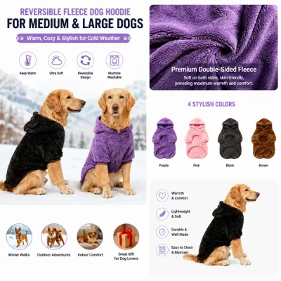 Reversible Fleece Dog Hoodie for Medium and Large Dogs Reversible fleece dog hoodie featuring double-sided fleece, machine washable design and winter warmth for large dogs
