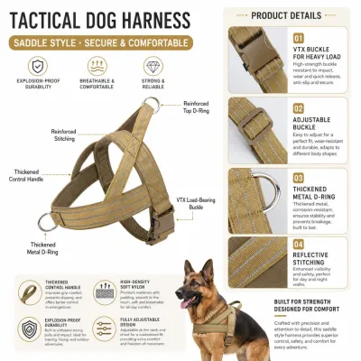 Heavy-duty tactical dog harness featuring reinforced stitching, reflective straps, durable buckle and metal D-rings