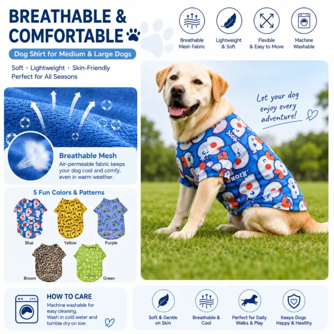 Medium and large dog wearing breathable mesh dog shirt made from lightweight cooling fabric