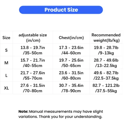 Tactical dog harness size chart showing adjustable neck, chest measurements and recommended dog weight