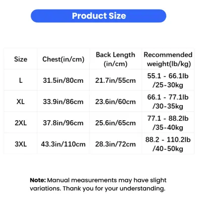 Large Dog Mesh Shirt Size Chart L to 3XL Size chart for breathable mesh dog shirt showing chest and back length measurements