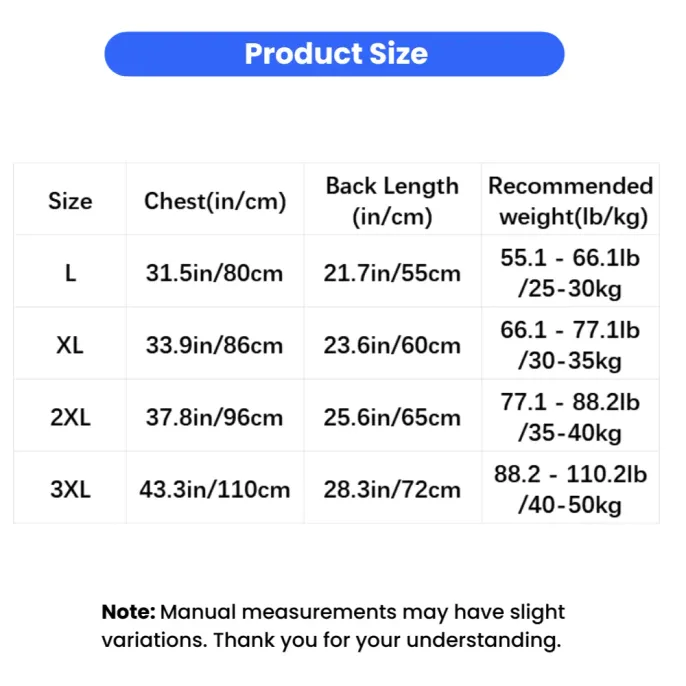 Size chart for breathable mesh dog shirt showing chest and back length measurements