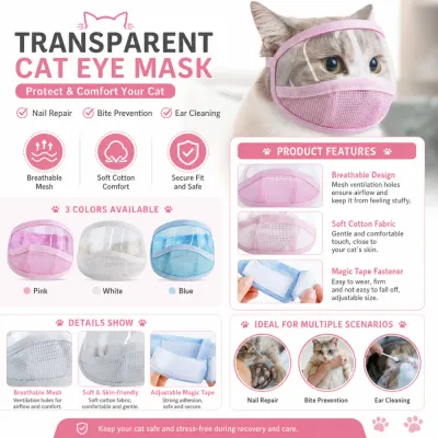 Breathable Transparent Cat Eye Mask Features Transparent cat eye mask with breathable mesh design for nail trimming ear cleaning and bite prevention