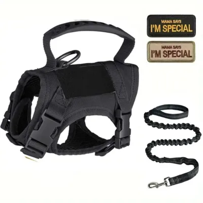 Black tactical cat harness and leash set featuring breathable mesh, top handle, adjustable straps and removable patches