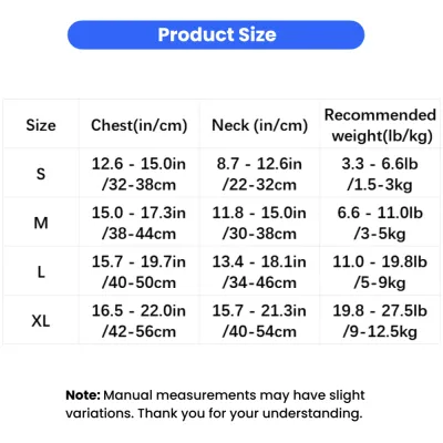 Dog Harness Size Guide Adjustable Harness S XL Dog harness size chart showing chest neck measurements and recommended weight for small and medium dogs