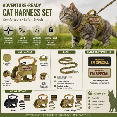 Tactical cat harness and leash set with breathable mesh, escape proof buckles, handle grip and removable patches