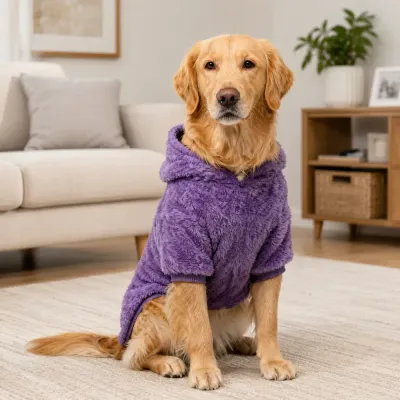 Large Dog Wearing Purple Fleece Hoodie Indoors Golden retriever wearing a purple reversible fleece dog hoodie in a cozy indoor living room setting