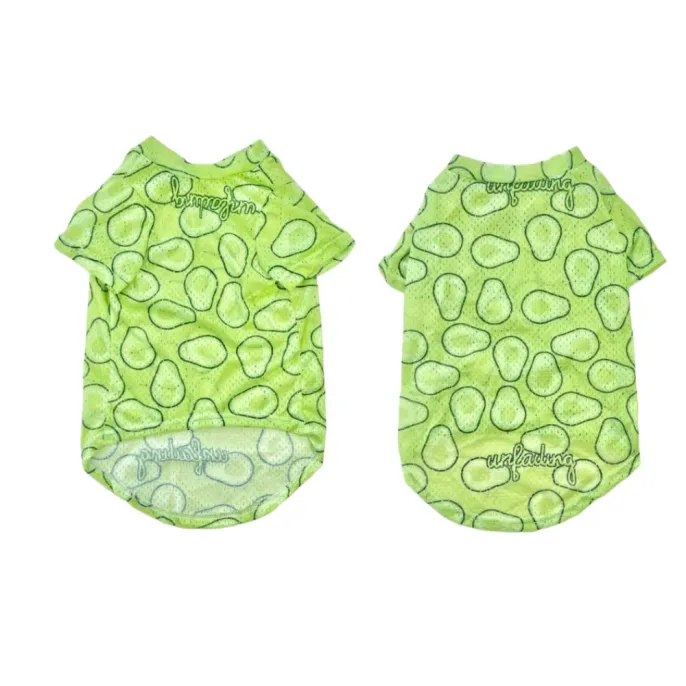 Front and back view of green avocado print breathable dog cooling shirt