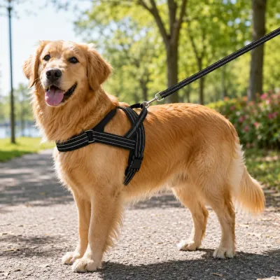 Golden Retriever wearing a reflective tactical dog harness with leash during outdoor walking and training