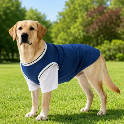 Large Dog Wearing Breathable Cooling Shirt Outdoors Labrador wearing breathable mesh dog shirt in outdoor grass field