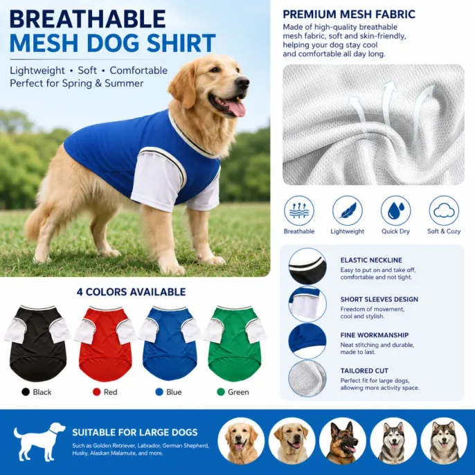 Large dog wearing breathable mesh shirt with cooling fabric and lightweight design