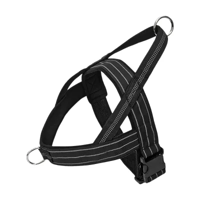 Black tactical dog harness with reflective stitching, adjustable straps and heavy-duty metal D-rings for large dogs