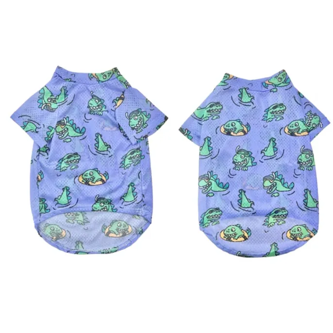 Front and back view of purple dinosaur print dog shirt made from breathable mesh material